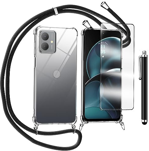 TTSWJBD Funda con Cuerda para Motorola Moto g14 y Cristal Templado Protector de Pantalla,Transparente Suave Silicona Carcasa, Ajustable Cordon Collar Colgante Antigolpes Case, Negra