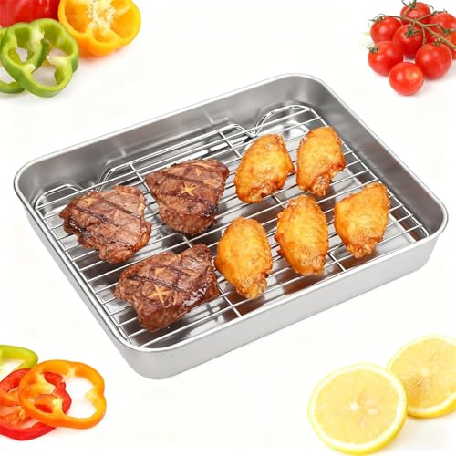 Ofenform Mit Rost, Edelstahl Bratpfanne Mit Abnehmbarem Einsatz, Grill und Auflaufform, Viereck Pfanne für Backen, Grillen und Braten im Ofen (23,5x17,5x5cm/9,3x6,9x2 Zoll)