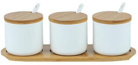 Yhuasia 3 Stück 230 ml Keramik Zuckerdose rund Seasoning, Topf mit großem Salz, Gewürzglas, Box mit Löffel und Bambusabdeckung, Untersetzer aus Bambus (Weiß, 3 Stück)