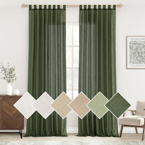 Woaboy Leinen Gardinen Vorhänge Wohnzimmer Leinenoptik Halbtransparent Schlaufenschal mit Bleiband Fensterschal Schlafzimmer Modern Stores Gardine 2er Set 140x260cm (BxH) Match Grün