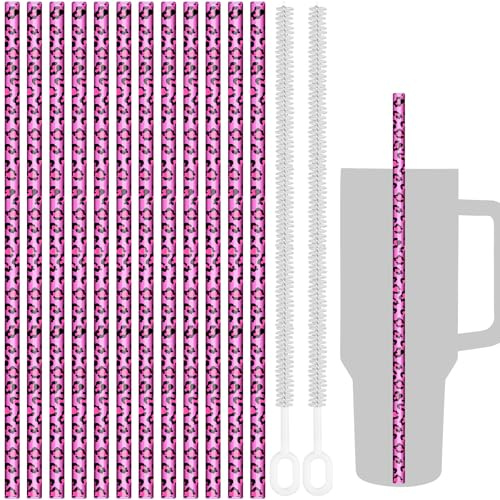 NiHome 12-Pack Stylish Leopard Print Plastic Replacement Straws for Stanley Tumbler, 12 Long Compatible with 40oz & 30oz Cups, Durable BPA-Free PETG Material, Includes 2 Cleaning Brushes (Pink)