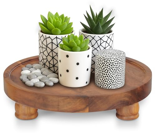 Demigo 10 Acacia Wood Round Tray - Decorative Plant Stand, Farmhouse Countertop Organizer, Multi-Purpose Display Pedestal, Riser Board for Soap, Perfume, Candles, Sponge, Bathroom, Kitchen