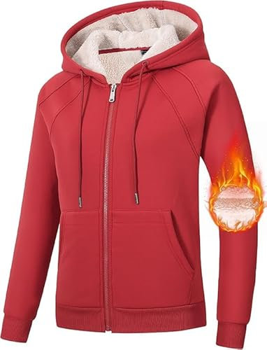 MoFiz Damen Outdoorjacke Fleecejacke Warm Winterjacke Lässig Sweatjacke mit Reißverschluss Tasche Rot XL