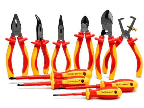 INGDAUM® VDE Werkzeugset, 10-teilig, isoliert gg. 1000 V (Version 10.3) | Kabelschere, Seitenschneider, Kombi- und Abisolierzange 6, Spitzzange gerade u. 45° abgewinkelt 6, 4 Schraubendreher