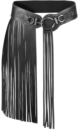 Fringe Leather Belt - Medieval Gothic Viking Wide Belt for Roman Gladiator Punk Rock Skirt, Vintage Elastic Waist Corset, Knight LARP Costume for Women