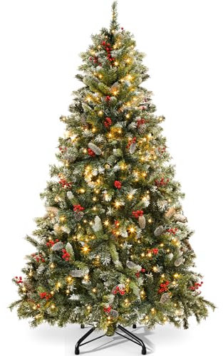 YITAHOME Sapin de Noël Artificiel 182 cm, décoré avec Neige et 250 LED, 58 Pommes de pin, 58 Baies, Environ 818 Pointes, Sapin avec Cadre Pliant et Support en métal, 182 x Φ95 cm