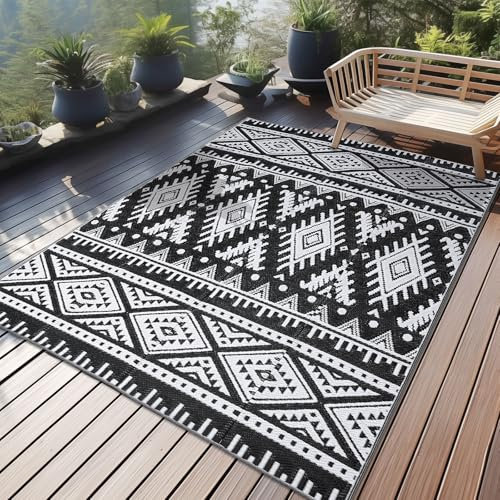 Homaxy Alfombra de exterior de plástico resistente a la intemperie, plegable, lavable, para balcón, resistente a los rayos UV, reversible, para jardín, terraza, camping, pícnic (120 x 180 cm, blanco y
