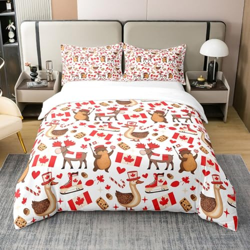 Canada Flag 100% Cotton King Size Bedding Set,Cartoon Duck Beaver Moose Wild Animal Ultra Soft Duvet Cover,Red Marple Leaves Ice Hockey Graffiti Comforter Cover(No Filler)