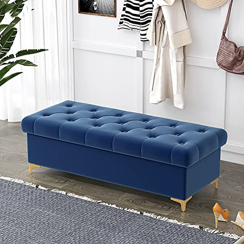 Gepolsterte Sitzbank mit Stauraum, Samt, modernes Design, luxuriöse Truhe für Schlafzimmer und Wohnzimmer, Bettbank mit Staufach, Hellblau, 120 x 40 x 40 cm, Blau 6