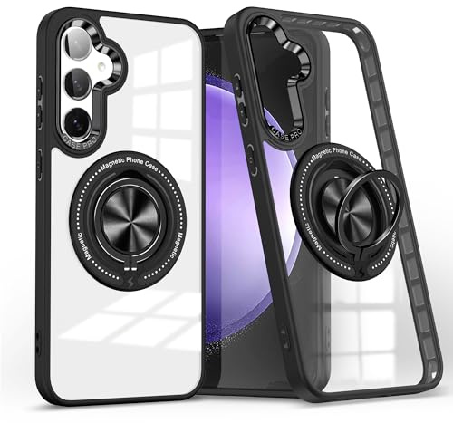 Kainevy for Samsung S25 Case Clear Magnetic with Metal Stand Ring Holder for MagSafe Phone Cover for Samsung Galaxy S25 Case Thin Hard Military Grade Shockproof Protective (Black)