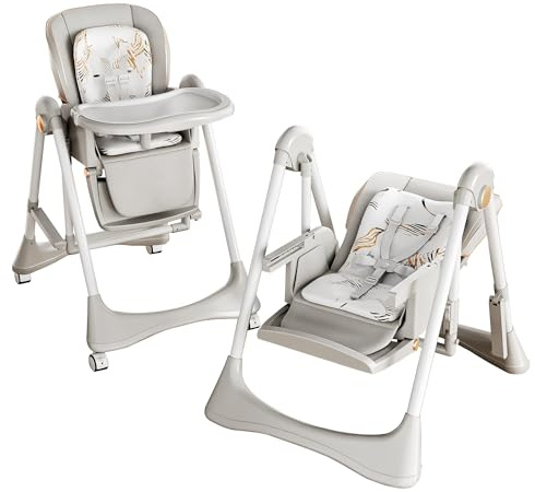 Reenborn PU-Leder Kinderhochstuhl, Schaukel & Babyfütterungs Doppelmodus, Zusammenklappbar und Umbaubar Kleinkinderhochstuhl mit Einstellmöglichkeiten, Abnehmbarem Doppeltablett, Rädern (8121 Grey)