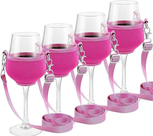 Weinglashalter zum Umhängen 4 Stück Stoff Weinglas Halterung Tragbare Weinglashalter Hängend Becherhalter Festival Wine Glass Holder Freihändiger Weinhalter Kette für Weinliebhaber (Rosa/20cm)