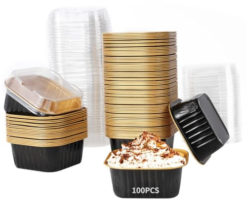 100 pirottini per cupcake con coperchi, posacenere in alluminio per cuocere, muffin usa e getta, bicchieri da dessert quadrati, per feste e pic-nic