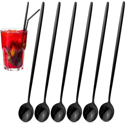 6 x Edelstahl-Kaffeelöffel, 20 cm, matter Eislöffel, Rührlöffel, Eiscreme, Teelöffel, langer Griff, Espresso, Rührlöffel, Teelöffel für Kaffee, Milchshake, Dessert, Antipasto, Tee, Salat (schwarz)