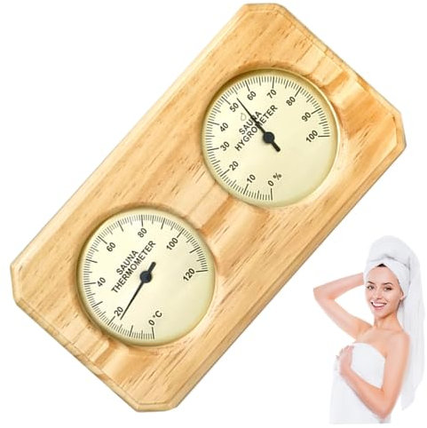 Sauna Thermometer, Sauna Thermometer and Hygrometer Mechanical Battery-Free 0-100% RH Hygrometer 5x10 Inch Hanging Wooden 0-120℃ for Steam Room