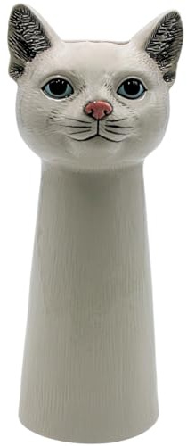 Dekohelden24 Vase Katzen-Kopf, Dekovase, Bluemnvase, Tischvase, Tiervase, Katzenvase, Kopfvase, dekorative Blumenvase mit lasierter Oberfläche aus Keramik, in weiß, Größe: L/B/H 15cm x 11cm x 28cm.