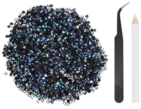 sourcing map 5000 unidades de diamantes de imitación de resina SS6 de 2 mm, gemas de brillo redondas a granel con herramientas de recogida para manualidades, vasos, tazas, ropa, color negro y azul AB