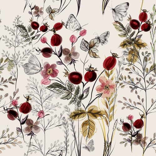 VEELIKE Tapete Blumen Früchten Creme Beige Fototapete Blumen Aquarell Rote Granatapfel Schmetterling Mustertapete Tapete Blätter Beige Blumentapete Tapeten Wohnzimmer Schlafzimmer 44.5cm x 300cm