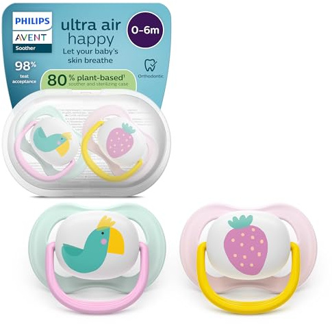 Philips Avent chupetes ultra air: diseño anatómico, para bebés de 0 a 6 meses, tetina simétrica de silicona suave, sin BPA, con estuche esterilizador, paquete de 2, SCF080/24