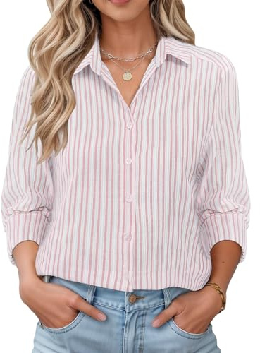Rapbin Bluse Damen Elegant Langarm Streifenbluse Hemden mit Knöpfen Casual Büro Arbeit Blusen Baumwolle Tunika Hemd Oberteile Tops Rosa S