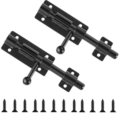 2 PCS Sliding Bolt Lock, Stainless Steel Gate Bolt Black Slide Door Latch with Screws Gate Locks for Toilet Yard Shed Door Wooden Gates 4 Inches