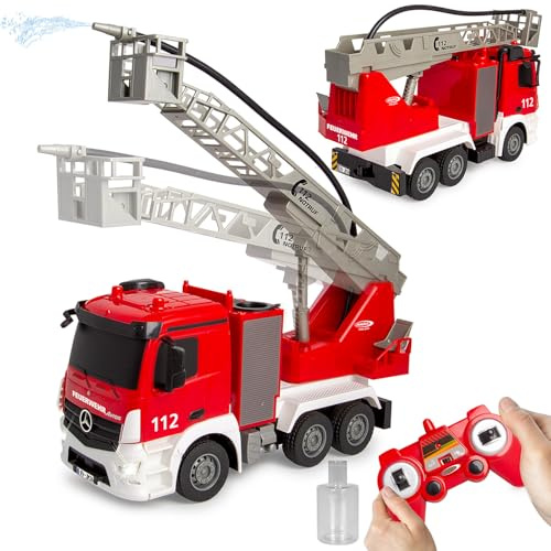Jamara 407300 Camion de Pompiers Mercedes-Benz Antos 1:26 2,4GHz avec Échelle Télescopique et Fonction de Pulvérisation d'eau - Camion radiocommandé, Voiture Jouet Télécommandée pour Enfants