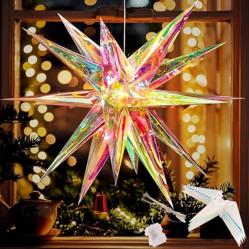 EASY JOY 60cm Weihnachtsstern Beleuchtet Faltstern mit 18 Spitzen Schillernder 3D-Stern Leuchtstern Outdoor Led Stern Fensterdeko Weihnachten Beleuchtet für Innen Außen Innenhof Balkon Und Garten