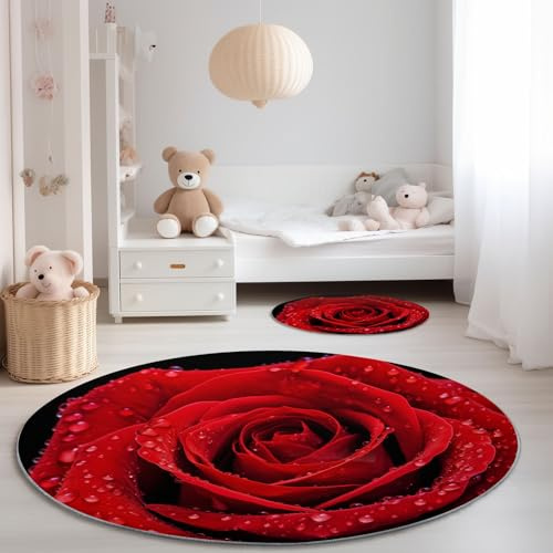 Generisch Kurzflor Runder Teppich Durchmesser 120 cm, Blumen Nahaufnahme Fotografie Rosen Thema Schwarz Rot Rund Teppich Fuer Sofa Wohnzimmer Schlafzimmer Heimdekoration, rutschfest Waschbar