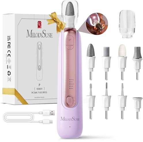 Melodysusie Electric Manicure and Pedicure Kits with 8 Drill Bits PC760G Portable Rechargeable Electric Foot File with 5 Modes for Thick Nails Nail File with Led Light Toenail File (Purple)