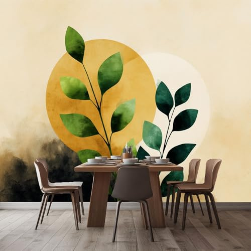 Carta da Parati Panoramica 400 x 280 cm (L x A), Tessuto non Tessuto Murale Fotomurale Boho Acquerello Foglie - per Soggiorno Camera dei Bambini e Giallo Chiaro Decorazione da Parete