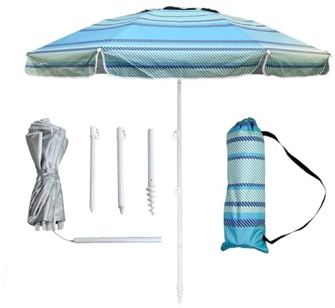 LOTTAFUN 6.5ft Beach Umbrella - Heavy Duty Wind Resistant UV 50+ Portable Sun Shade with Sand Anchor & Carry Bag, Outdoor Folding Umbrella for Beach, Pool, Patio, Garden (Green diagonal strip)