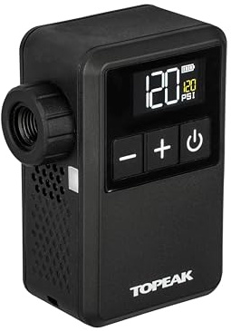 Topeak E Booster Digital Mini Elektrische Fahrradpumpe Schwarz, kompakte Akku Luftpumpe mit Digitalanzeige für Rennrad MTB Gravelbike und E Bike