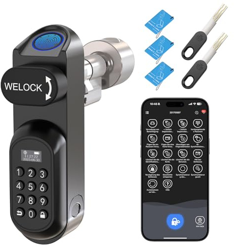 WELOCK U81 Fingerprint Code Door Lock with Key, Electronic Door Lock Front Door with App and Card, Biometrics Smart Lock with Temporary Password, Keyless Entry, Adjustable for 50-90mm EU Profile Door