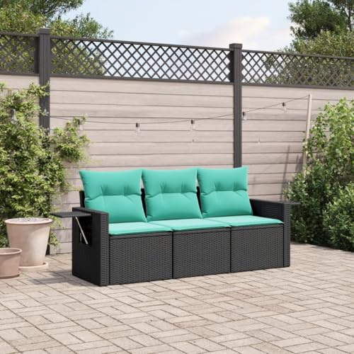 Yunovire 3-teiliges Gartensofa-Set, schwarzes Polyrattan, mit blauen Kissen, klappbaren Tischen, wetterfest für Terrasse, Balkon, Außenbereich