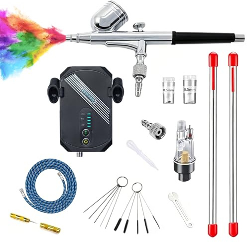 Airbrush Set mit tragbarem Kompressor,12W Double-Action Airbrush-Pistole | 3-stufiger Luftdruck(28-48 PSI) & 3 Düsen (0,2/0,3/0,5 mm),für Modellbau, Make-up, Nailart & Tortendeko