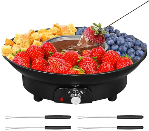 Electric Fondue Pot Set, 260ml Chocolate Melting Pot with Adjustable Temperature, Detachable Serving Trays with 4 Roasting Forks UK Plug for Nacho Cheese Date Night House Warming Melting Party(Black)