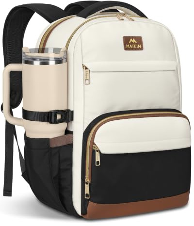 MATEIN Mochila Trabajo Mujer, Mochila Portatil Mujer 15,6 Pulgadas, Beige | Mochila Impermeable Mujer Grande con 14 Bolsillos, Mochila Mujer Trabajo para Universidad, Oficina, Profesora y Viaje