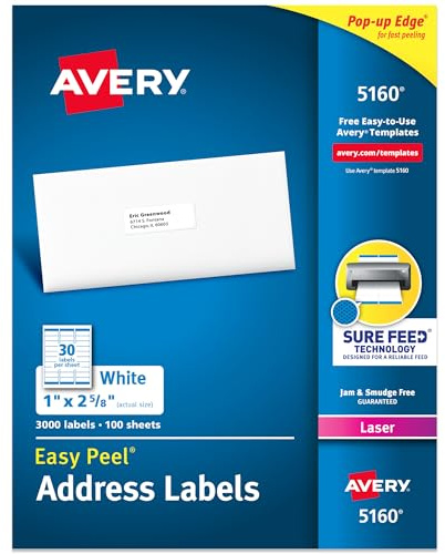 Avery 5160 vita självhäftande adressetiketter (vita, självhäftande etiketter, laser, rektangulära med rundade hörn, 3 000 artiklar, 100 ark)