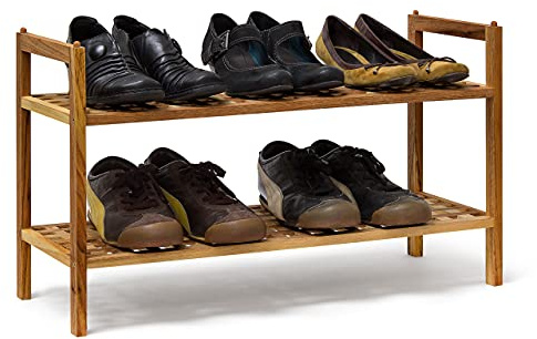 Relaxdays Schuhregal stapelbar, HxBxT:40,5x69x26cm, 2 Ablagen für 6 Paar, Holz, Schrank aus Nuss, Natur braun | 4 Ablagen für 12 Paar, Holz, Schrank aus Nuss