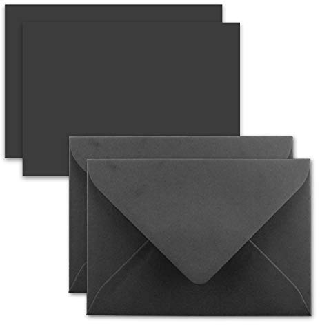 50x Karte mit Umschlag Set aus Einzel-Karten DIN A7-10,5x7,3 cm - Schwarz mit Brief-Umschlägen C7 Nassklebung ideale Geschenkanhänger
