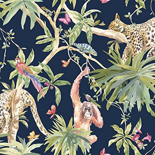 Holden Decor Fantasia Jungle Animals Navy Wallpaper 90690 - Orangutan Leaf