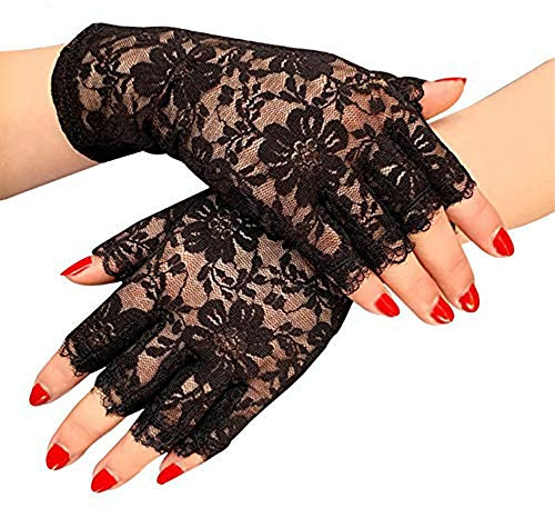 Lifreer Fingerlose Schwarze Damen-Handschuhe aus Spitze - Vintage Gothic-Kostüm für Halloween