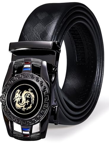 Barry.Wang Ceinture à cliquet pour homme, ceinture en cuir véritable avec boucle automatique, coffret cadeau tendance pour homme, Un dragon noir nouveau, Waist Size 38''-43'',Belt 51''(130cm)