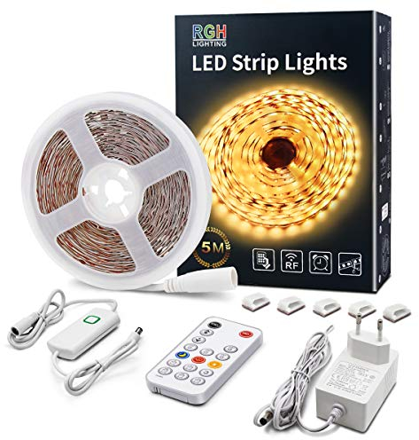 RGH LIGHTING LED Leiste Warmweiß 5M Dimmbar LED Streifen mit RF Fernbedienung 3000K Hell Plug-in Unterbauleuchten mit Timing Modus LED Lichtband Komplette Kits für Schlafzimmer Küche Zimmer Dekor