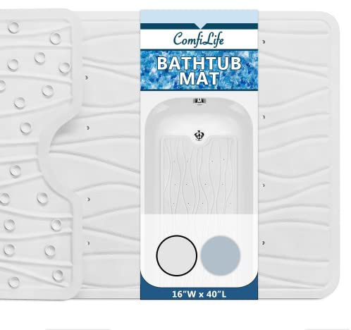 ComfiLife Bath Mat for Bathroom Tub and Shower – Non Slip Extra Large Bathtub Mat with Drain Holes & Suction Cups – Machine Washable Rubber Mats to Keep Bathtub Clean (Cream, Wave 16 x 40)