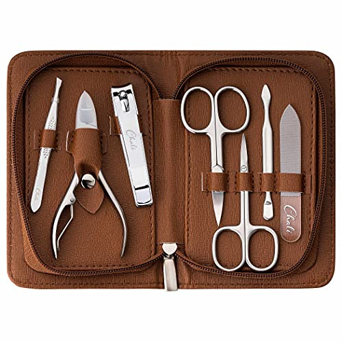 Chali® Manicure Pedicure Set 7 Pezzi con Borsa, Acciaio Inox Kit per Unghie - Forbici Unghie, Tagliaunghie, Pinzette, Lima Vetro e molto altro ancora