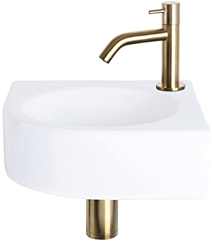 Differnz Cleo Lavabo - Lave main Céramique Blanche Brillante - Robinet Courbé Or Mat - Ensemble Complet - 30 x 30 x 10 cm