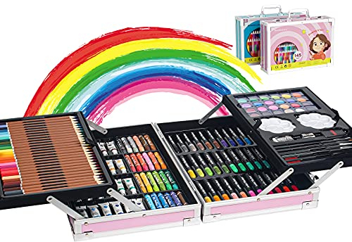 145 TLG Malkoffer, Deluxe Aluminium Trageköfferchen Zeichenset mit Marker, Ölpastelle Wachsstifte, Buntstifte, Wachsmalstifte, Öl Pastellkreide usw, zum Kinder Anfänger & Erwachsene Geschenk,Rosa