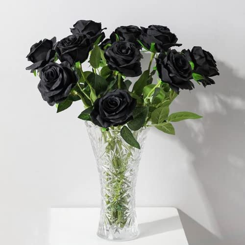 Corkwaw Künstliche Seidenblumen, realistische Rosen mit langem Stiel, für Tischdekoration, Arrangement und Brautschmuck, Hochzeit, Festival, Dekoration, Blumenarrangement, 8 Stück (schwarz)