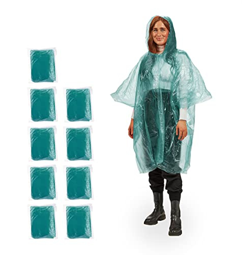 Relaxdays regnponcho engångsbruk, set om 10, engångsregncape med huva, för vuxna, nödponcho kvinnor och män, grön